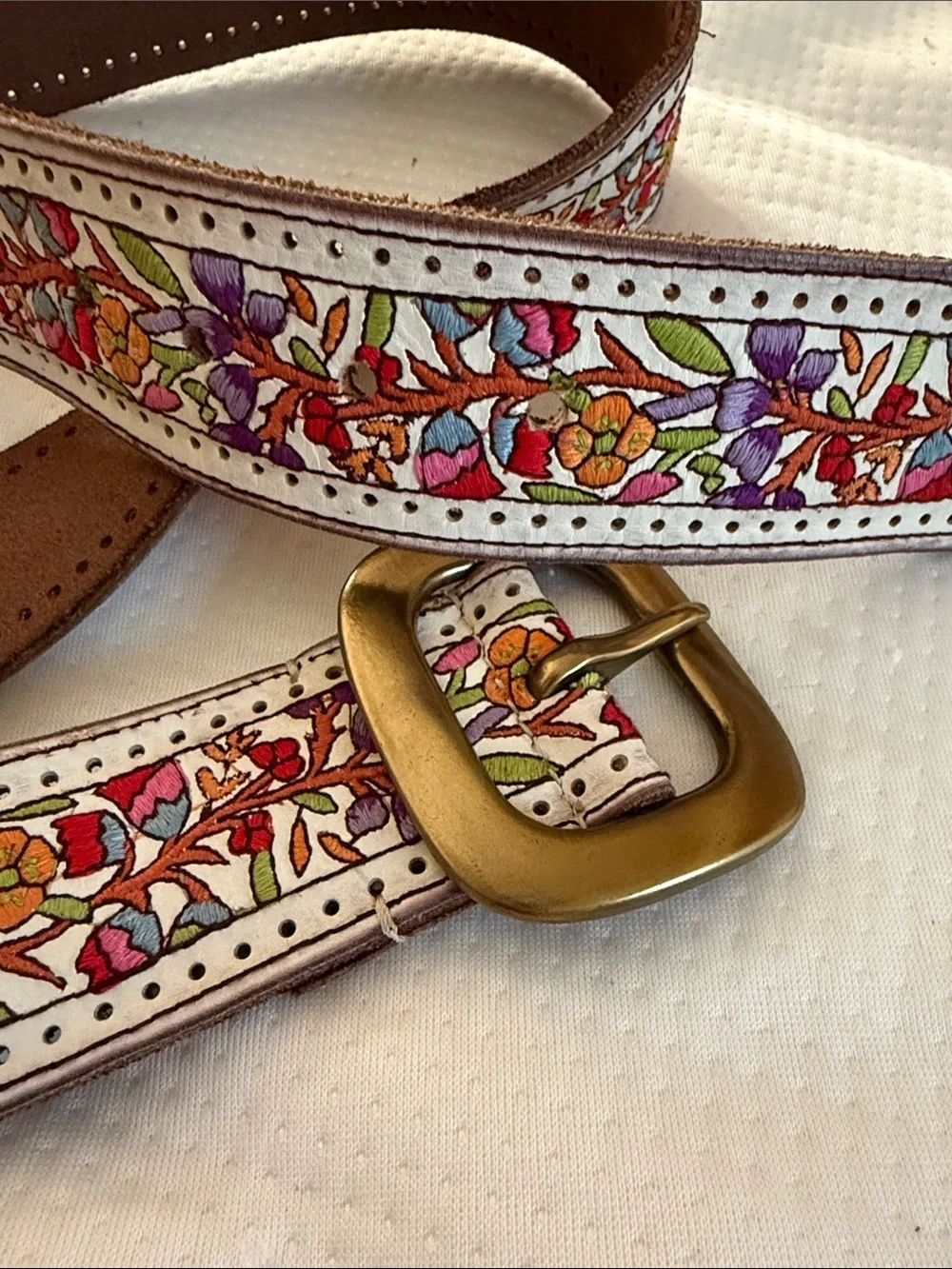 Handcrafted Floral Embroidered Leather Belt in White with Multicolor Accents
